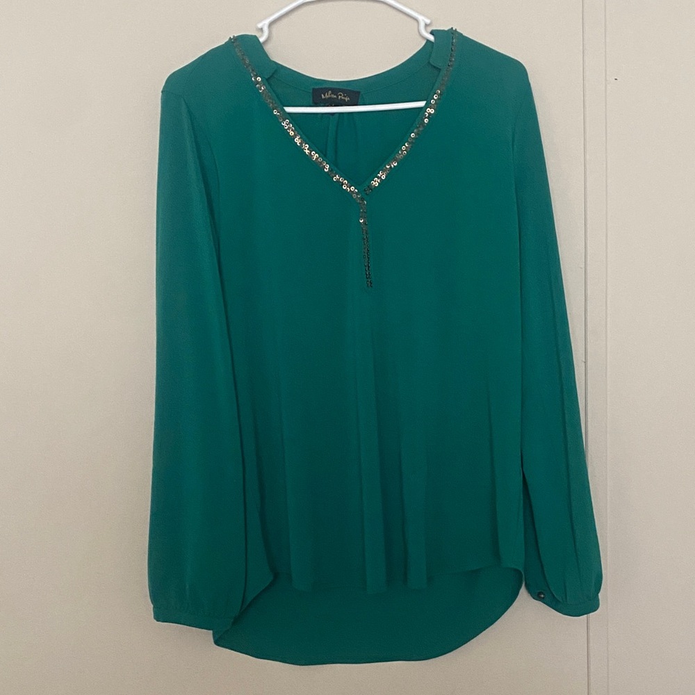 Melissa Paige Teal Blouse with Beaded Neckline